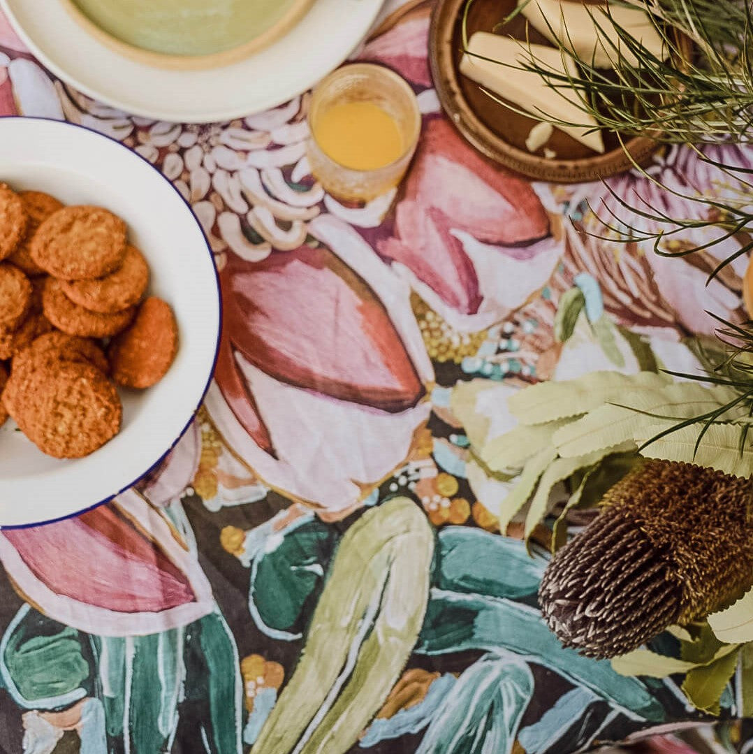 Emily Day tablecloth styled with food on plates