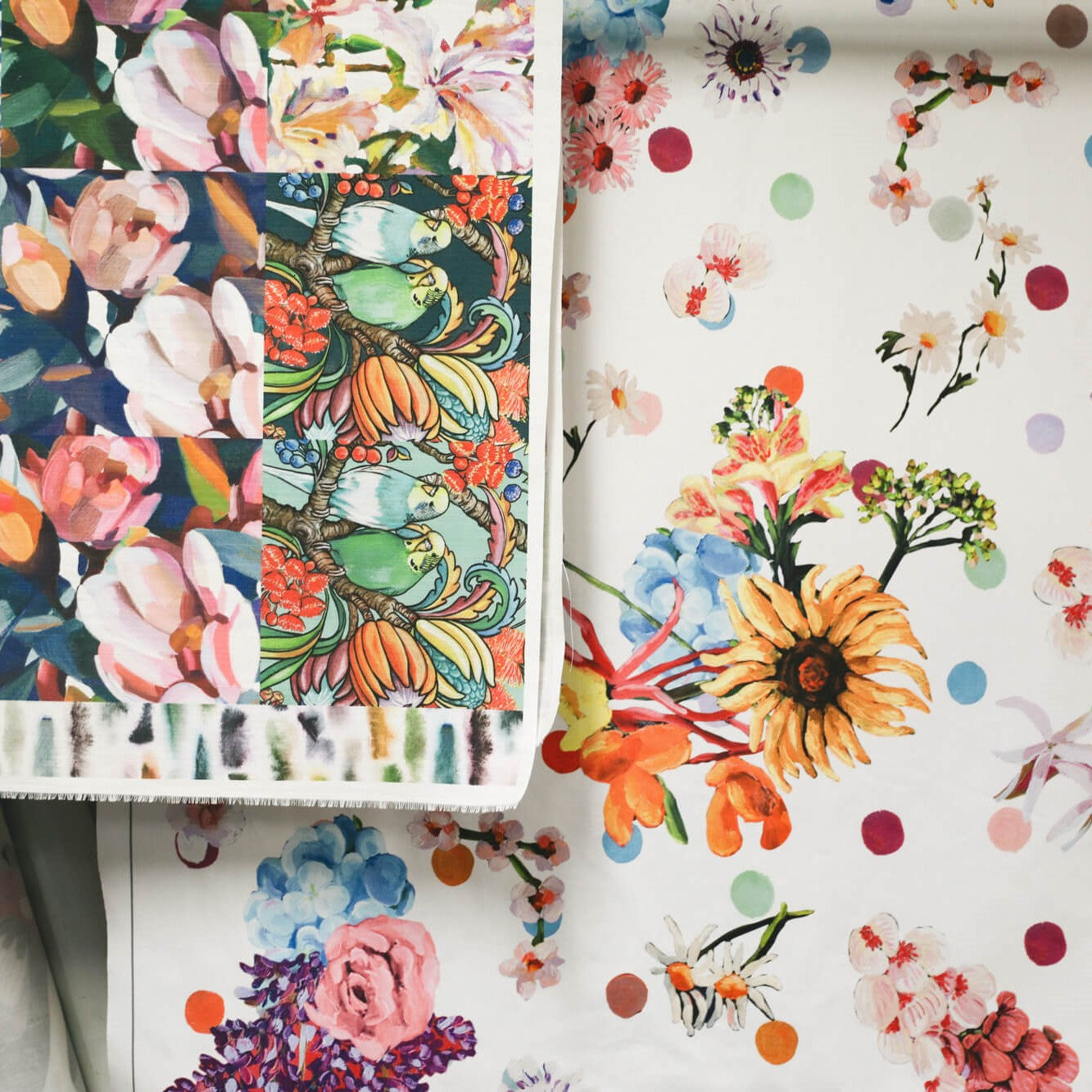 Multi-coloured floral fabric printed with eco-friendly dyes.