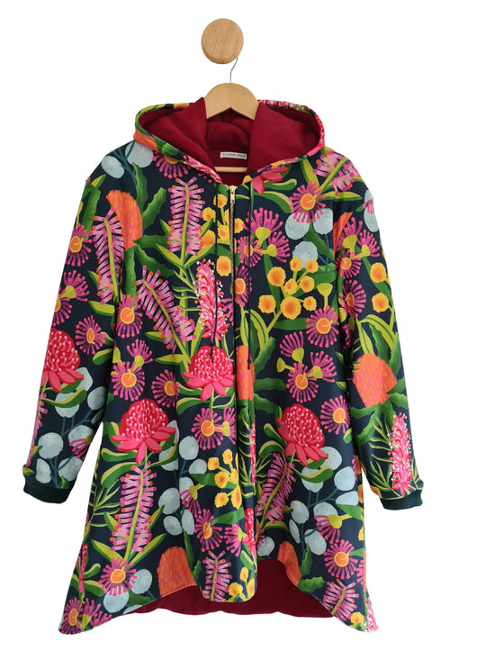 Scarlett Bird winter scuba jacket. Multi-coloured bright floral artwork print.
