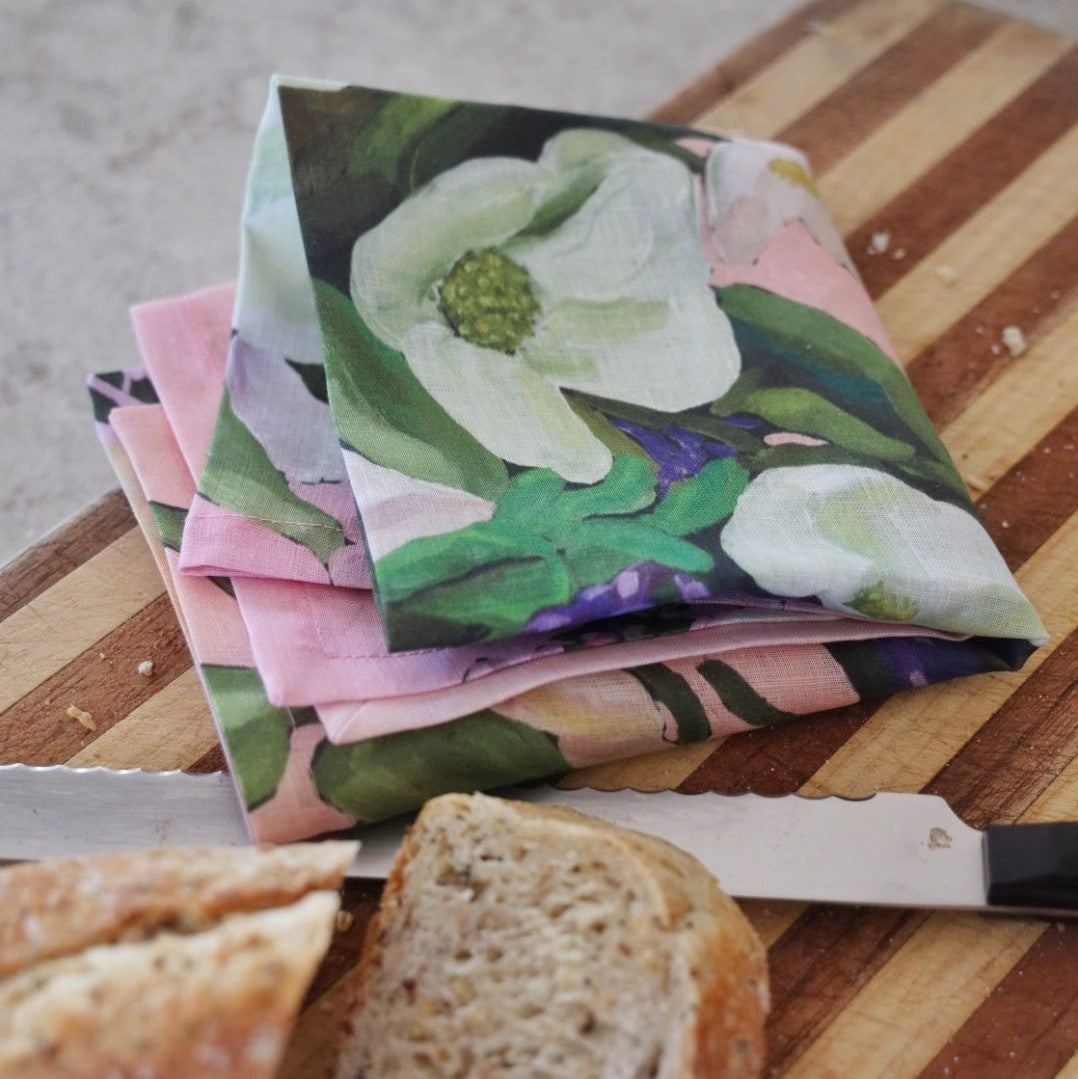 Kate Quinn floral cotton linen custom tea towels. Pink, white and green floral artwork has been printed by APPLiK..