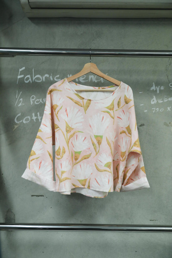 Pale pink floral long sleeve shirt digitally printed.