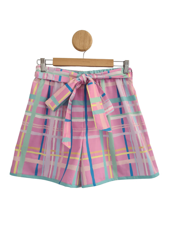 Pink tartan shorts with tie by Scarlett Bird.