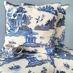 Blue and cream cushion covers with a matching tea cup. Artwork by Sprout Gallery. Digitally printing by APPLiK digital fabric printer in Brisbane.