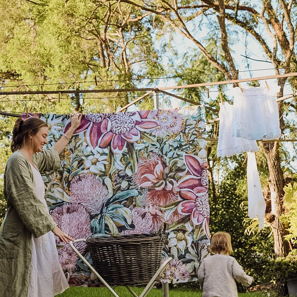 Emily Day tablecloth hanging on clothes line